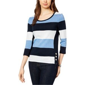 Tommy Hilfiger| Striped Blue and White Top with Button Detail